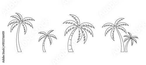 Set of outline palm tree silhouettes on checkered background for travel design