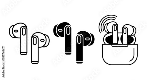 Series of wireless earbud illustrations in blue, black, and white with charging case, highlighting compact audio accessories.