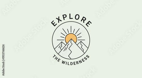 Explore the Wilderness Logo Design with Mountains and Sun.