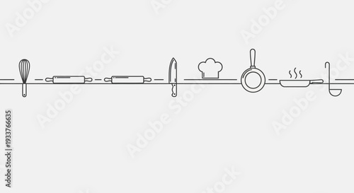 Line art illustration of various kitchen utensils and cooking elements.
