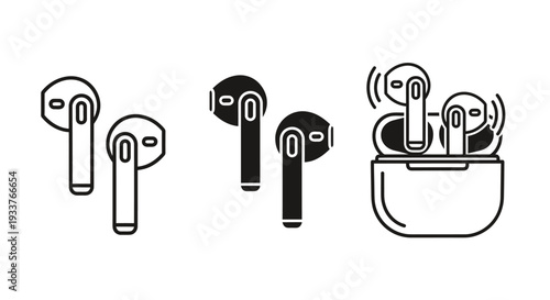Three wireless earbuds with charging case iconography in black and white vector illustration.