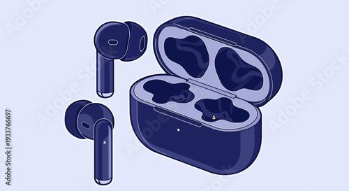 Blue wireless earbuds with charging case depicted in a modern tech illustration.