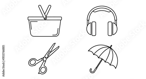 Set of four icons including bowl with chopsticks, headphones, scissors and umbrella showing everyday objects.