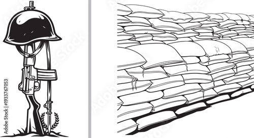 Black and white vector art depicting a fallen soldier's memorial with a helmet resting on a rifle, alongside a long, defensive wall of stacked sandbags.