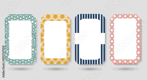 Four decorative rectangular frames with different patterns and colors.