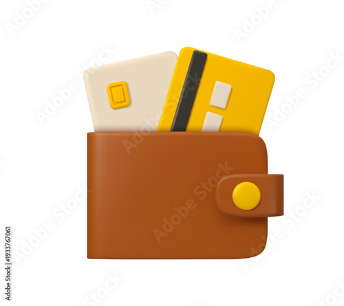 Wallet icon with bank cards. Credit card in brown leather cartoon purse. Vector 3d icon isolated on white background