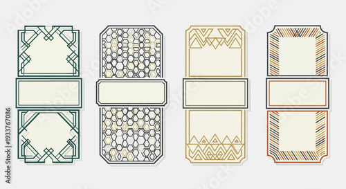 Set of four ornate label templates with different designs and colors.