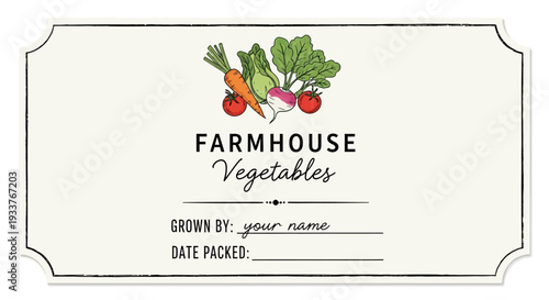 Farmhouse Vegetable Label with Fresh Produce Illustration.