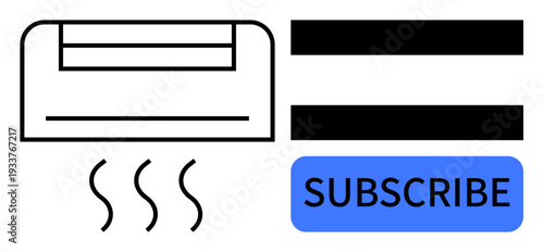 Air conditioner emitting cooling air next to bold subscribe button for subscription-based services. Ideal for digital products, HVAC services, convenience, smart technology, utilities, content
