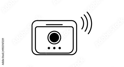 Compact wireless camera device with surveillance icon illustration.