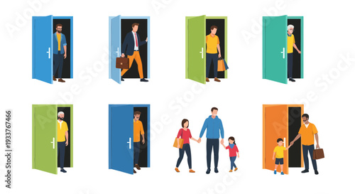 Diverse people exiting and entering through colorful open doors, symbolizing opportunities