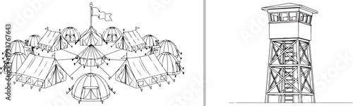 A black and white vector duo featuring a circular arrangement of military-style tents with a central flag and a detailed line-art watchtower with a ladder and cross-bracing.
