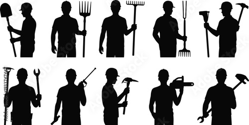 Construction and garden worker silhouettes set, professional laborers holding shovel rake hammer wrench chainsaw tools, black vector illustration isolated on white