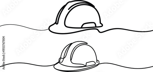 Construction Safety Helmets Floating on Water Line Art Illustration.