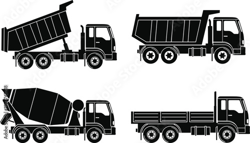 Black Vector Silhouettes of Heavy Duty Construction Vehicles Including Dump Trucks and Cement Mixer Isolated on White Background for Industry Design
