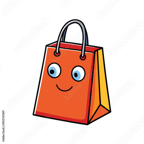 An orange cartoon shopping bag with big blue eyes is smiling cheerfully