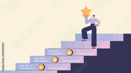 Person holding star on top of stairs representing growth and achievement