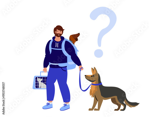 Cartoon carriers for dogs and cats vector illustration isolated on white. Young guy trip together with happy pets, cute animal. Pet owner. Cat and dog travel together. Concept of traveling with pets. 