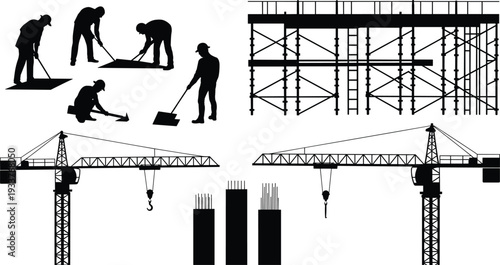 Construction site silhouettes collection, workers shoveling and smoothing ground with tower cranes and scaffolding structure isolated on white background flat vector illustration