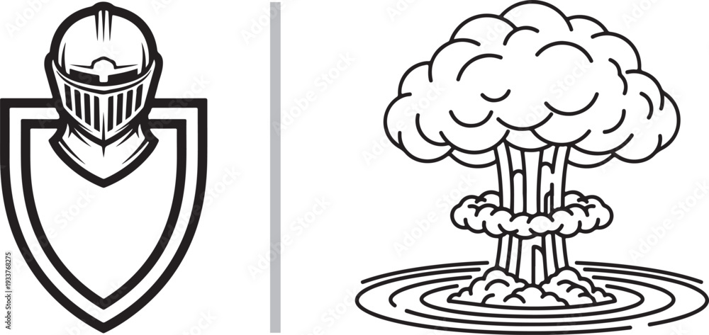 Naklejka premium A black and white vector set featuring a bold knight’s helmet centered on a shield outline, paired with a detailed line-art mushroom cloud explosion rising from concentric shockwaves.