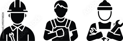 Construction worker avatar icons set, builder engineer and mechanic silhouettes with helmet wrench and uniform isolated on white background flat vector illustration