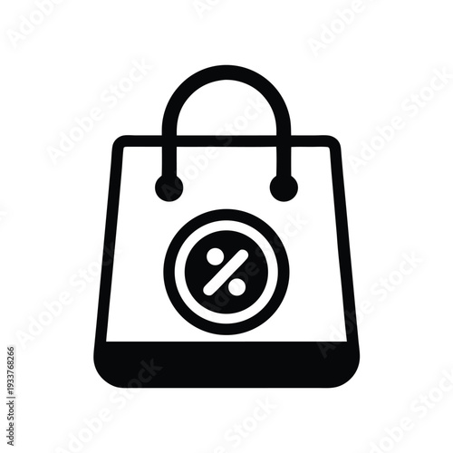 Black icon presents percentage symbol centered on a stylized shopping bag