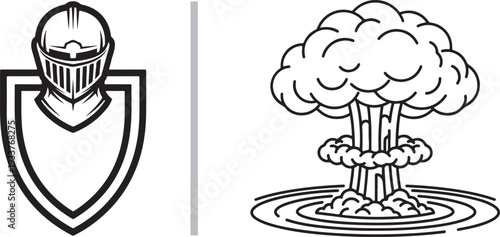 A black and white vector set featuring a bold knight’s helmet centered on a shield outline, paired with a detailed line-art mushroom cloud explosion rising from concentric shockwaves.