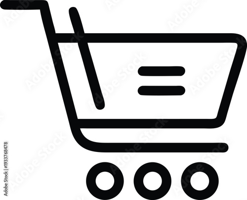 Black minimalistic shopping cart icon with three wheels and horizontal lines stays isolated