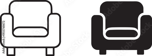 Sofa black silhouette and outline icon isolated on white background for interior design.