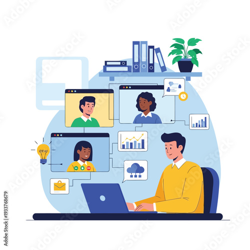 A man works on his laptop, participating in a video conference with colleagues, illustrating remote work and collaboration