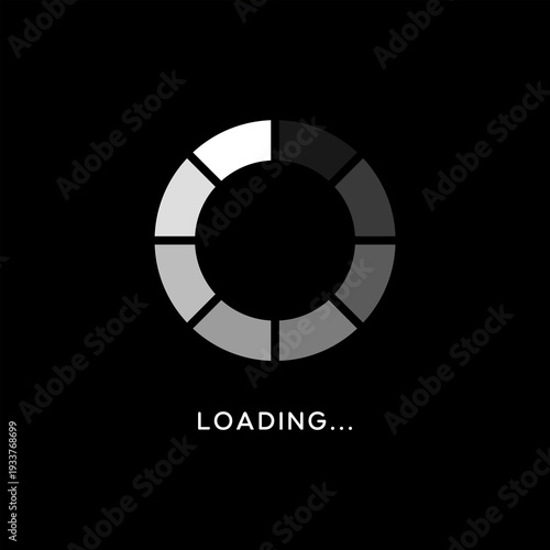 Minimalist circular loading progress icon with segmented ring style spinner on a solid black background for digital UI UX.