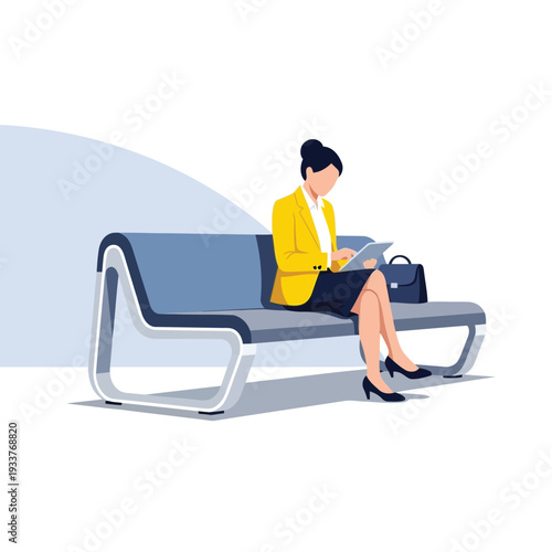 Businesswoman in yellow jacket sitting on a modern bench, reading a document, with a briefcase beside her