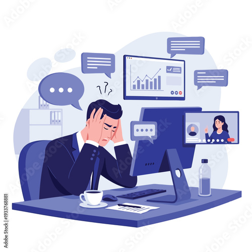A stressed businessman working late at his desk, overwhelmed by tasks and video calls