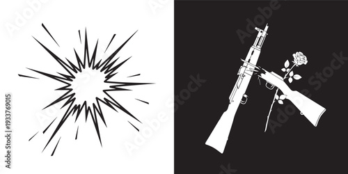 Black and white vector art showcasing a dynamic comic-style explosion burst alongside a symbolic image of a hand placing a rose into the barrel of a rifle.