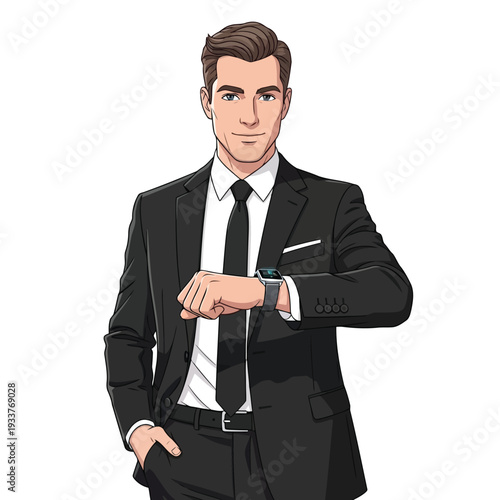 A handsome businessman in a black suit checks his smartwatch