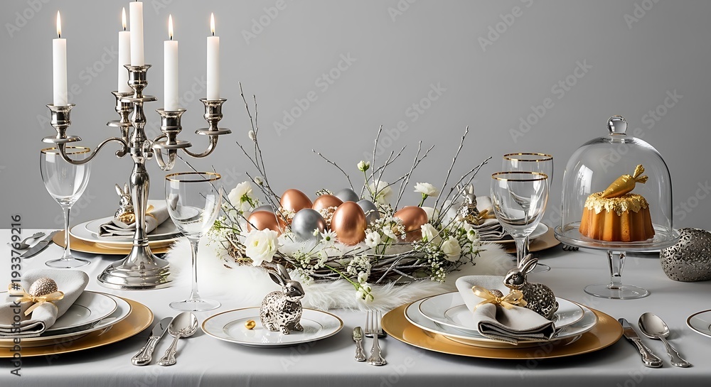 Fototapeta premium Elegant easter dinner table setting with decorative elements and fine china
