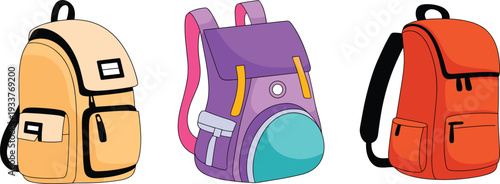 Colorful School Backpacks Collection with Various Designs and Vibrant Colors for Students and Back to School Concept