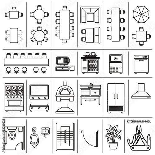 Extensive outline icon collection for restaurant and kitchen design, featuring various furniture layouts, essential appliances, and dining establishment elements in a minimalist vector style