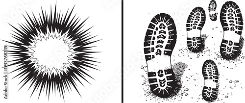 A high-contrast vector set featuring a sharp, radiating starburst explosion on the left and a series of detailed combat boot footprints trailing across a dusty or sandy surface on the right.