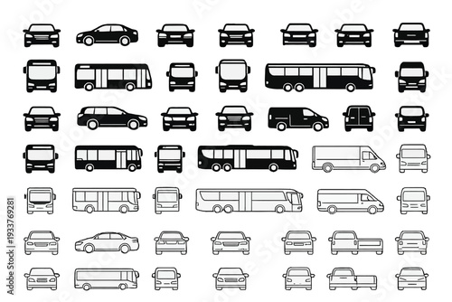 Versatile collection of line art vector icons featuring diverse modern transportation vehicles cars, buses, and vans, shown from multiple perspectives for design projects