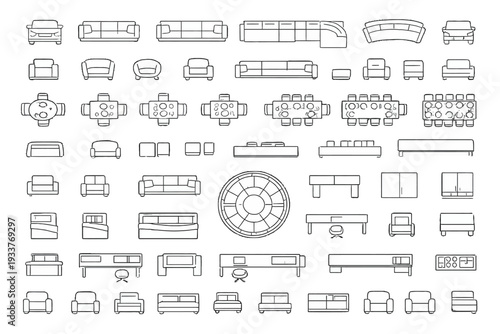 Extensive collection of modern and classic furniture line art icons for interior design layouts and architectural plan views