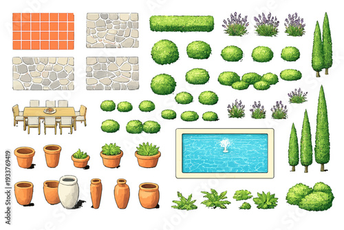 Collection of garden elements including potted plants, topiaries, a swimming pool, outdoor dining set, and various decorative stone and brick textures for landscape design