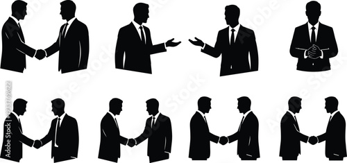 Businessmen silhouettes shaking hands and discussing in formal suits isolated on white background corporate partnership agreement concept vector illustration set