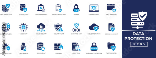 Data protection solid icon set. Featuring cybersecurity, cloud security, firewall, AI security, data security, privacy protection, encryption, and more icons. Solid icon collection.