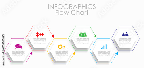 Modern infographic flow chart with colorful hexagons, arrows, and icons for business process visualization. Vector illustration.