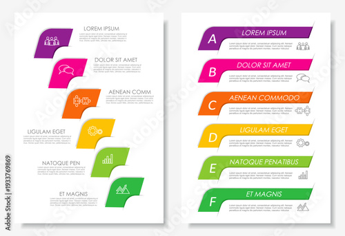 Dual infographic layouts with numbered steps, icons, text for business, planning, or presentation purposes. Vector illustration.