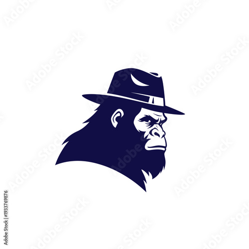 Gorilla wearing a fedora hat, profile, dark blue silhouette, vector illustration
