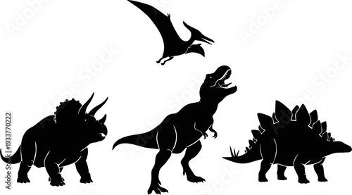 Prehistoric Dinosaur Silhouettes Collection with T-Rex Triceratops Stegosaurus Solid Black Vector Shapes