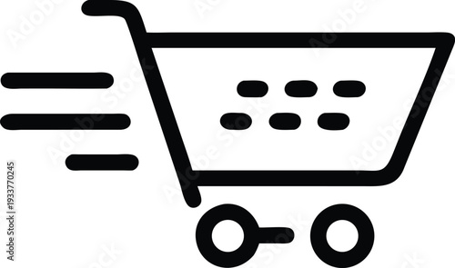 Black shopping cart icon moves quickly with lines indicating motion on a white backdrop