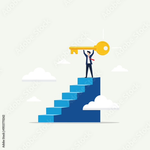A determined businessman in a suit climbs a blue staircase, holding a large golden key, symbolizing success, achievement, and reaching goals